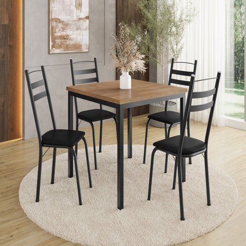 Conjunto Sala de Jantar Mesa Quadrada 90cm Tampo BP com 4 Cadeiras Adriana Preto/Demolição