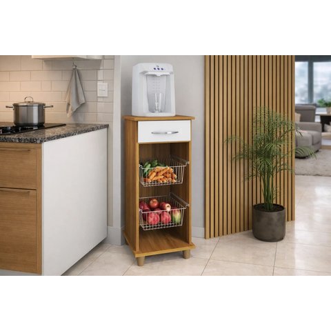 Fruteira Régia com 2 Cestos Metálicos e 1 Gaveta Compacta e Moderna:freijo / Branco