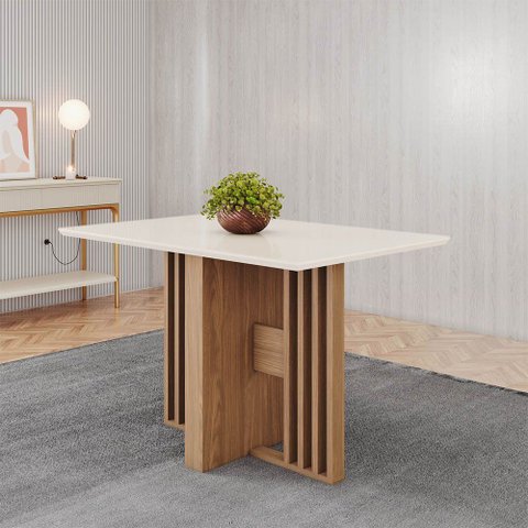 Mesa de Jantar Tampo Vidro 120cm 4 Lugares Canto Reto Leo Nature/Off White H02 - D'Rossi
