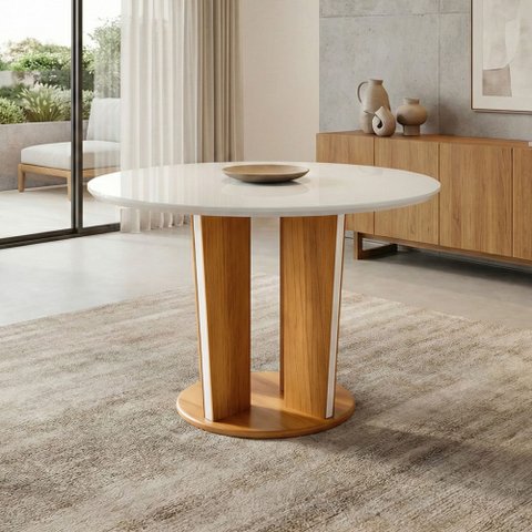 Mesa de Jantar 4 Lugares Redonda 135cm Tampo Vidro/MDF Ana Marrom/Cinamomo/Off White