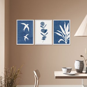 Kit 3 Quadros Decorativos para Sala Azul Boho Passáros Natureza Abstrato Moderno