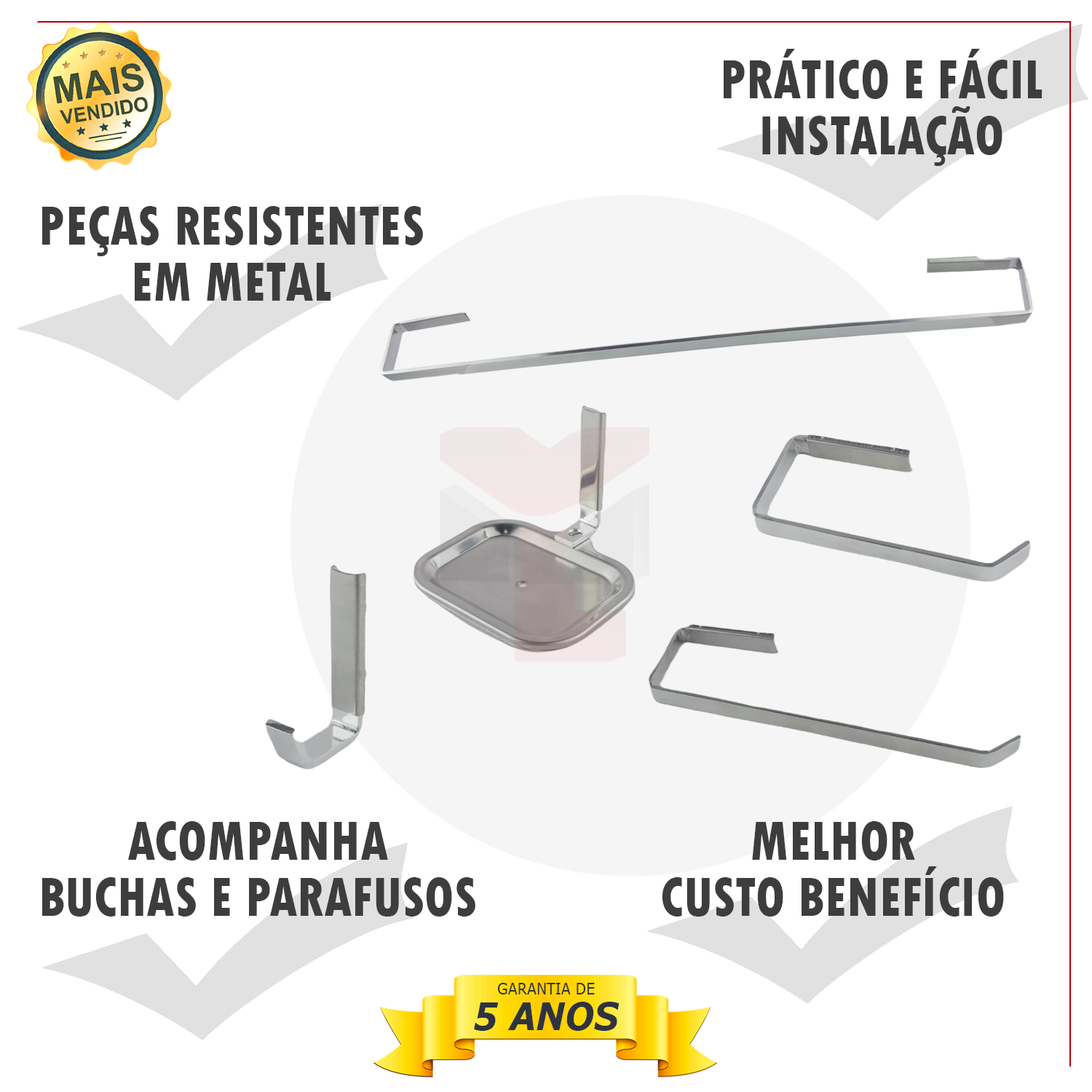 Kit de Acessórios para Banheiro Quadrado 5 Peças (com Saboneteira) Cód. 7290 - 2