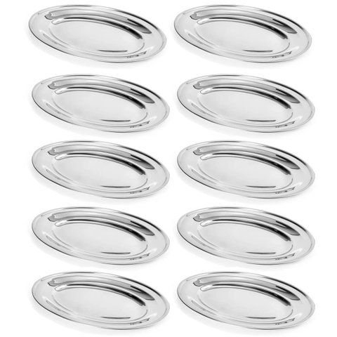 Kit 10 Travessas de Inox 25cm Oval para Servir Petiscos Saladas Porções Buffet Restaurante