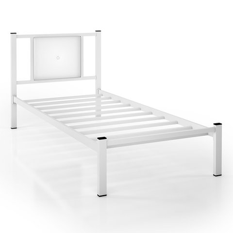 Cama Solteiro Branca Aço Cabeceira Estofada Estrado Metálico Reforçado para Quarto Adulto Moderno