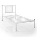 Ver imagem 1 de Cama Solteiro Branca Aço Cabeceira Estofada Estrado Metálico Reforçado para Quarto Adulto Moderno