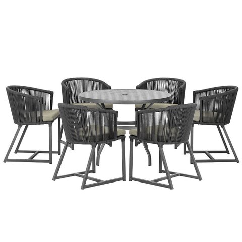Mesa com 6 Cadeiras de Jantar Roma 120cm e Noronha em Alumínio Preto Corda Náutica Estofado 8 Trama
