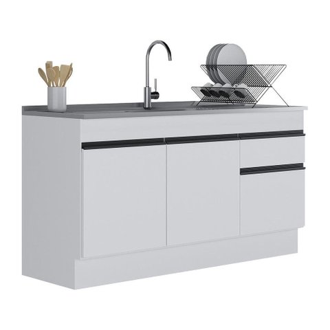 Balcão Cozinha Gabinete Pia 150cm com Rodapé 3 Portas 1 Gaveta Veneza Multimóveis V2115 Branco/preto