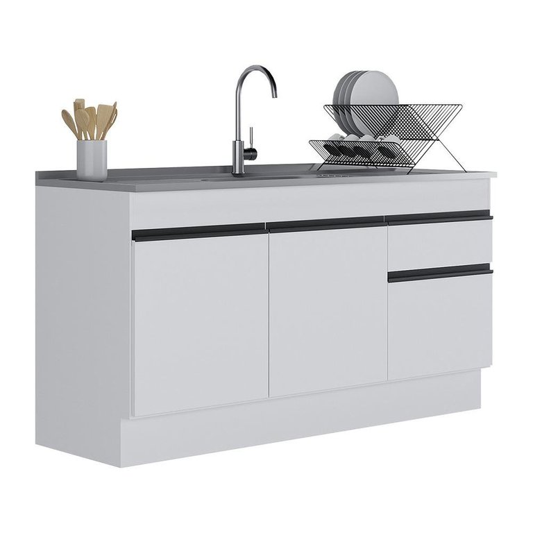 Balcão Cozinha Gabinete Pia 150cm com Rodapé 3 Portas 1 Gaveta Veneza Multimóveis V2115 Branco/Preto