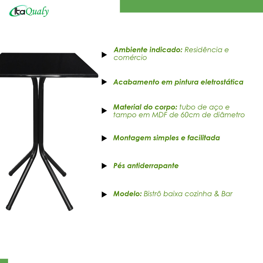 Mesa Bistrô Baixa Estrutura Aço Tampo Mdf Cozinha Bar Quadra Preto - 4