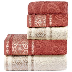 Jogo de Banho Toalhas Malau Decorado 100% Algodão 5 Peças - Terracota e Palha
