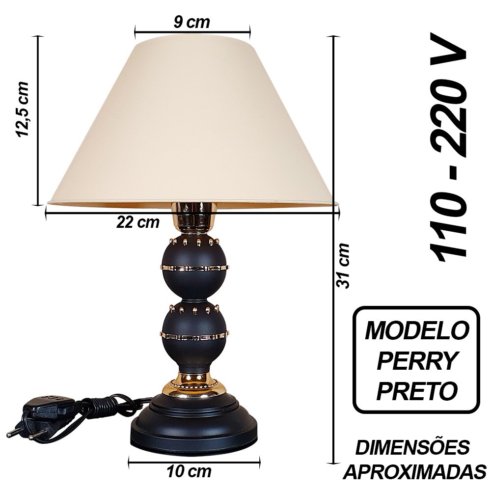 Abajur Moderno Luminária Quarto Sala Perry Preto e Dourado Cúpula Bege - 3