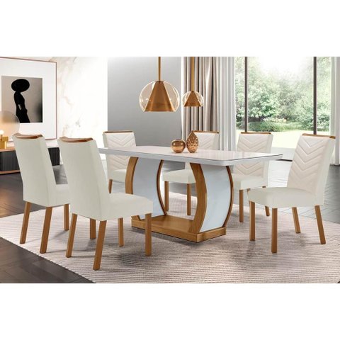 Sala de Jantar Completa Jade Tampo Madeirado C/ Vidro Canto Curvo 180x90cm e 6 Cadeiras Londrina