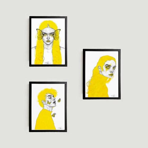 Kit 3 Quadros Yellow Design 24x18cm - com vidro:Madeira preta
