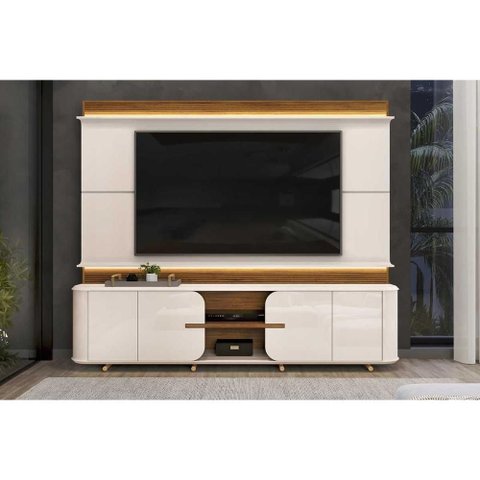 Rack Bancada C/ Painel P/ Tv até 75 Pol Lord 4 Porta 240x200cm Off White/freijó - Dj Móveis