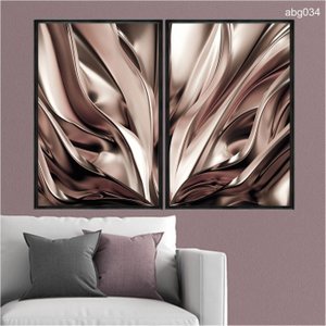 Kit 02 Quadros Decorativos - Rose Gold Efeito Metalico Onda Abg034 Tela Canvas - 60x80cm Cada