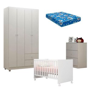Quarto de Bebê Louise 4 Portas com Berço Doce Sonho 100 Rodízios Branco Brilho e Colchão - Ajl