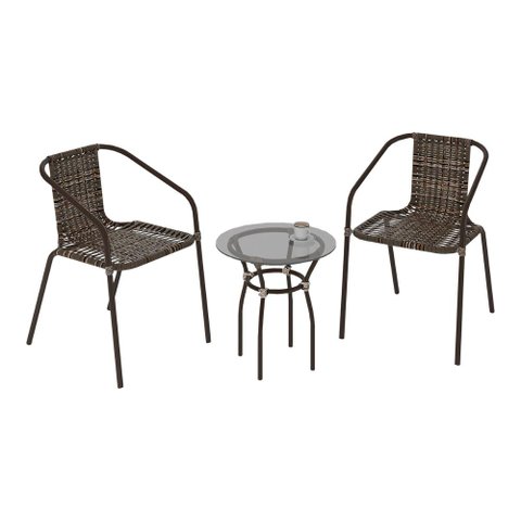 Conjunto para Jardim com Mesa de Centro Vidro 50cm e 2 Cadeiras Junco Sintético Multimóveis Cr8007