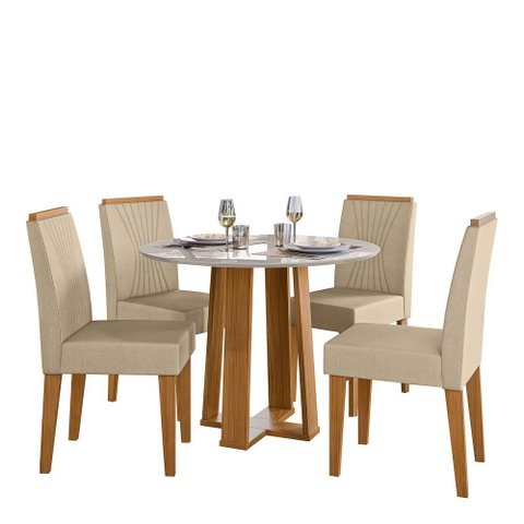Conjunto Sala de Jantar Mesa Isabela 100x100 4 Cadeiras Cecilia Ype/off White/linho Palha