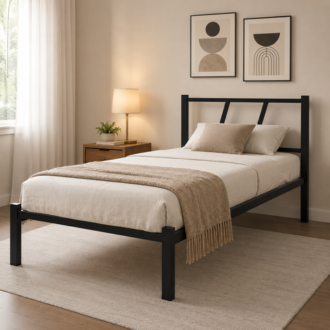 Cama Solteiro Infinito Preta em Aço Reforçado com Cabeceira Moderna para Quarto Adulto e Hospedagem