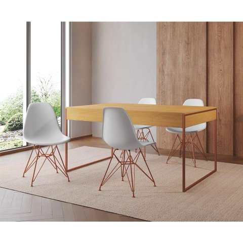 Mesa Jantar Industrial Retangular Canela 137X90Cm Com 4 Cadeiras Brancas Base Cobre Cor: Canela