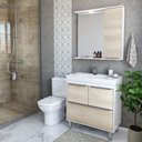Ver imagem 1 de Armário Conjunto de Banheiro com Gabinete, Cuba e Espelheira e LED Malibu 80 cm Branco/Legno Crema