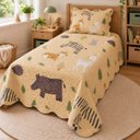 Ver imagem 2 de Kit Cobre Leito Infantil Solteiro Aquarela 2 Peças Colcha Estampado Animais Bosque Bege