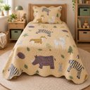 Ver imagem 5 de Kit Cobre Leito Infantil Solteiro Aquarela 2 Peças Colcha Estampado Animais Bosque Bege