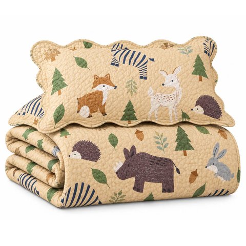 Kit Cobre Leito Infantil Solteiro Aquarela 2 Peças Colcha Estampado Animais Bosque Bege