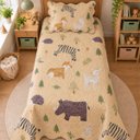 Ver imagem 3 de Kit Cobre Leito Infantil Solteiro Aquarela 2 Peças Colcha Estampado Animais Bosque Bege
