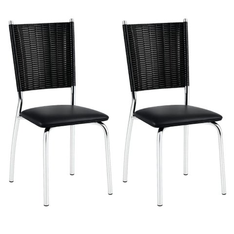 2 Cadeiras Duda Cromada Junco Sintético Preto Assento Preto para Cozinha Sala de Jantar e Restaurant