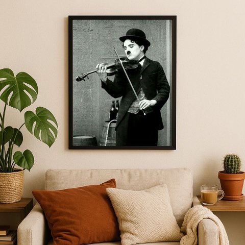 Quadro Charlie Chaplin Tocando Violino 45x34cm:moldura Preta