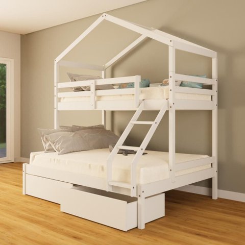 Beliche Casal/ Solteiro Casinha com Gavetas Madeira Maciça Branco Megamobilia