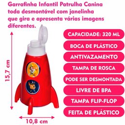 Garrafinha Infantil Foguete Patrulha Canina 320ml Garrafa - 5 Garrafinha Infantil Foguete Patrulha Canina 320ml Garrafa - 5
