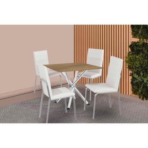 Conjunto: Mesa Sala Jantar Volga C/ Tampo de Madeira 90cm e 4 Cadeiras Amsterdã Cromado/nogueira -