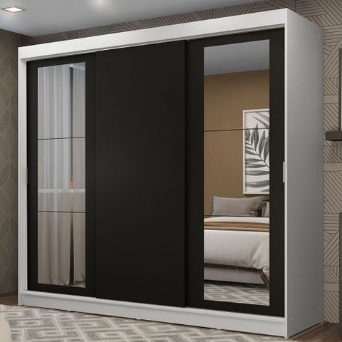 Guarda-Roupa Casal Madesa Kansas 3 Portas de Correr com Espelhos 3 Gavetas Branco/Preto Cor:Branco/P