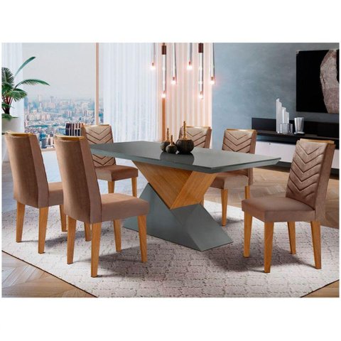 Mesa Aster 180 Tampo Em Mdf Canto Reto Com 6 Cadeiras Liz Moderna Marrom, Grafite E Imbuia