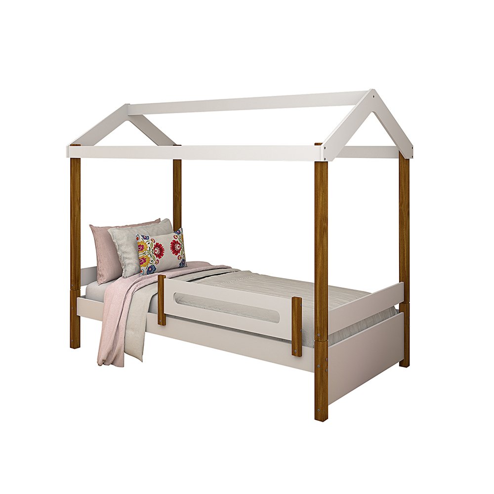 Cama Solteiro Casinha Montessoriana Eliz com Grade de Proteção Branco/mel - 3