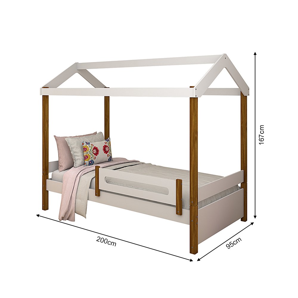 Cama Solteiro Casinha Montessoriana Eliz com Grade de Proteção Branco/mel - 4