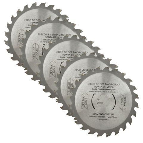 Disco de Corte Serra Circular para Madeira 24 Dentes 110x20mm | Fertak | Kit 05 Un
