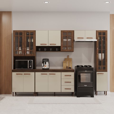 Cozinha Modulada Completa Fidelitá Lisboa 5 Peças 295cm 12 Portas 3 Gavetas com Tampo