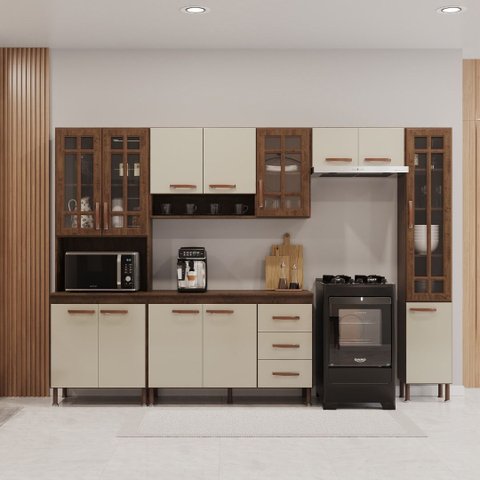 Cozinha Modulada Completa Fidelitá Lisboa 5 Peças 295cm 12 Portas 3 Gavetas com Tampo