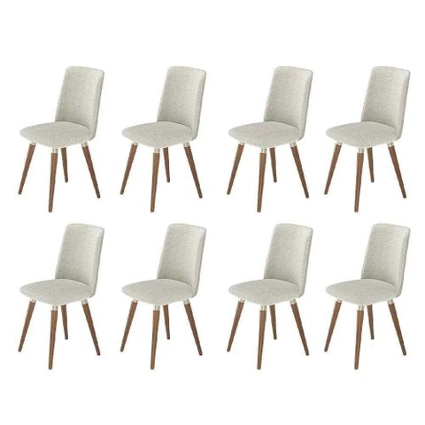 Kit de 8 Cadeiras de Madeira Maciça Estofada Dakota - Natural C/ Bouclé Cru e Pu Off White