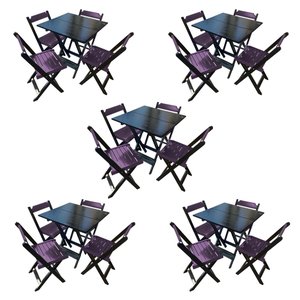 Kit 4 Mesas de Madeira Dobrável Preto 70x70 com 4 Cadeiras Dobráveis Roxo