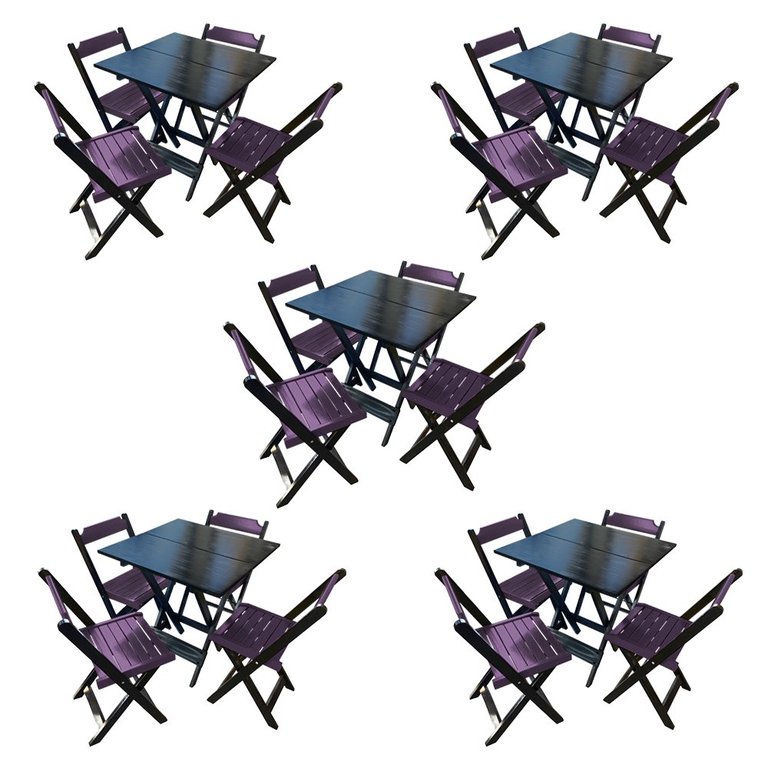 Kit 4 Mesas de Madeira Dobrável Preto 70x70 com 4 Cadeiras Dobráveis Roxo
