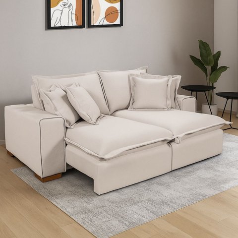 Sofá Confortável Retrátil Reclinável com Molas Ensacadas no Assento Tecido Linho Cru 2,10m