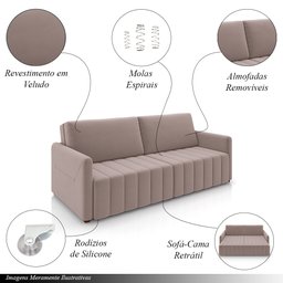 Sofá-cama Decorativo Retrátil Thanos 2 Lugares 192cm Veludo Rosê G45 - Gran Belo - 3