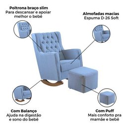 Cadeira Amamentação Tecido Boucle Azul com Balanço e Puff - 3