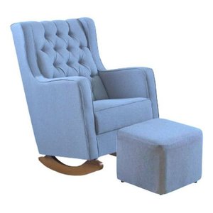Cadeira Amamentação Tecido Boucle Azul com Balanço e Puff