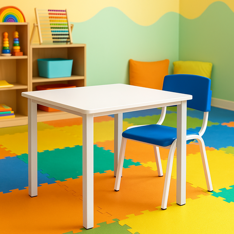 Mesa e Cadeira Infantil Branca e Azul para Educação Infantil