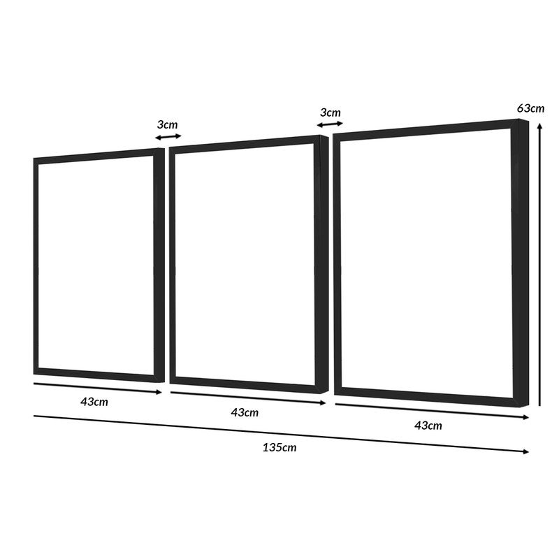 Kit 3 Quadros Decorativos Abstrato Plantas Colorido Folhagens Sala de Jantar Moldura Preta - 3